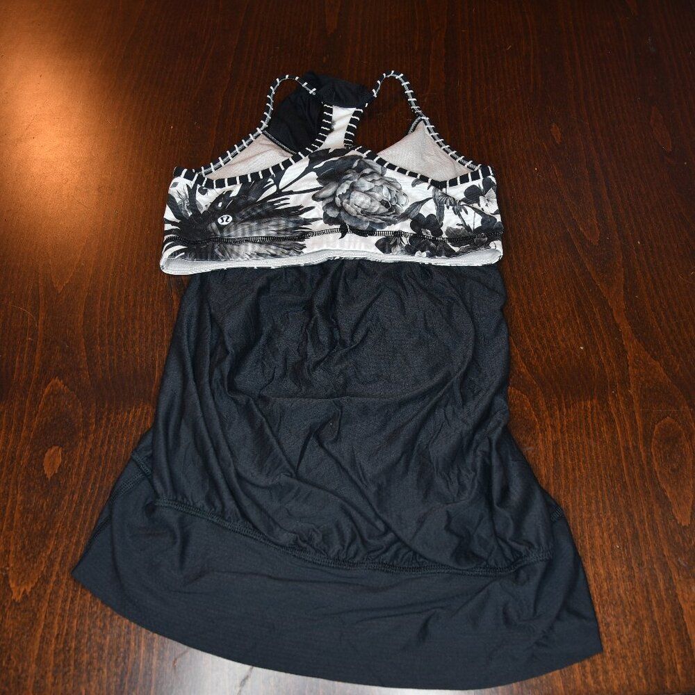 lululemon Black Tank with Floral Built in bra, no limits size 6